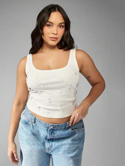MISSGUIDED PLUS Plus Size Ribbed Tank Top With Crystal Embellishments Summer Crop Tank Top Sleeveless Basic Layering Party Club Evening Casual Wear