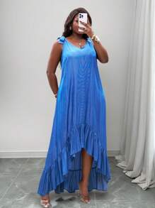 Slaydiva Vestido con diseño minimalista versátil y casual, con lazo en los hombros, silueta A, corto en la parte delantera y largo en la parte trasera, con mucho vuelo, ideal para diferentes ocasiones como fiestas, conciertos, graduaciones, vacaciones de verano europeo, estilo country, festivales, ropa de vacaciones tropicales, atuendos de primavera y ropa de mujer talla grande talla