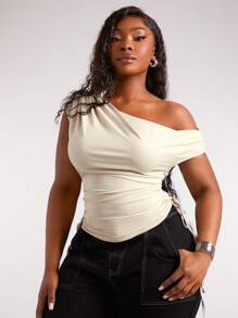 SHEIN SXY Plus Size Women's Spring/Summer Stylish Casual Sexy Open Shoulder Ruched Waist Cropped T-Shirt, Suitable For Everyday Wear, Western Wear, Cruise Attire, Music Festival, Concert, Carnival Party, Beach Vacation, Date Night, Birthday, Bachelorette Party, Club, Cute, Casual, Shopping, Streetwear, Going Out, Easy To Match & Looks Slim, Accentuates Your Body, Flatters The Figure Cleopatra