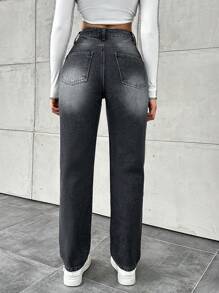 EURMUSE Women'S Straight Leg Jeans With Washed Effect - Grey - View 2