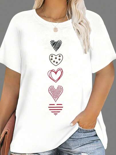 Plus Size T-Shirt With Heart Print And Round Neckline Graffiti Graphic Tees Women Tops