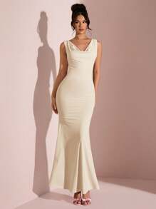SHEIN BAE Vestido ceñido de un solo color con cuello en forma de U, espalda descubierta, tirantes con lazo y abertura alta, adecuado para graduación, dama de honor, Día de San Valentín, cumpleaños, reunión escolar, en color rosa y rosa claro