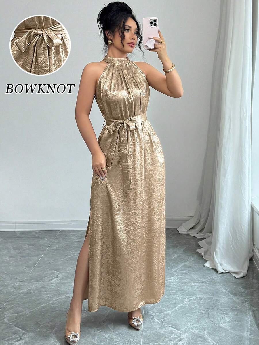 Elenzga Đầm dệt kim dài hở vai không tay cổ yếm trang trí lá kim cho nữ, mùa hè - Vàng - Xem 1