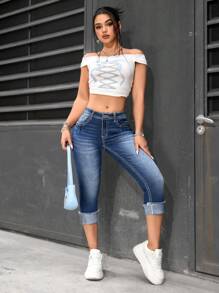 SHEIN EZwear Jeans casuales pitillo de talle medio con efecto desgastado y bolsillos para mujer, longitud 7/8