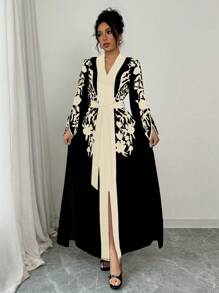 SHEIN PETITE Vestido largo de manga de campana con estampado floral bicolor negro y albaricoque, elegante para mujer de talla pequeña, para primavera/verano