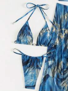 SHEIN 3 Completi da spiaggia/estivi da donna, inclusi slip del bikini con stampa marmorizzata, gonna con spacco alto e abito da spiaggia con accessori metallici