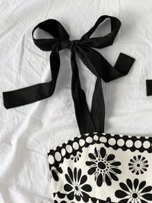 Truni Vestido mini acampanado de talla grande para mujer con estampado retro geométrico negro, tirantes y cintura ceñida para vacaciones - Multicolor - Ver 5