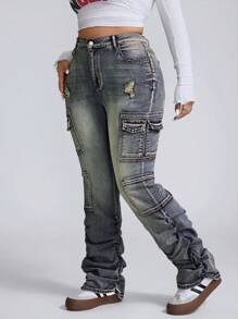 SHEIN ICON Plus Size Women Distressed Cargo Pocket Flare Leg Casual Jeans