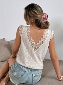 SHEIN Frenchy 女士纯色撞色蕾丝宽松休闲 T 恤 - 杏色 - 查看 1