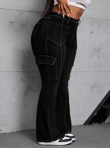 SHEIN SXY Plus Size Women's Stretch Heavy Wash Distressed Skinny Flared Jeans Women Autumn