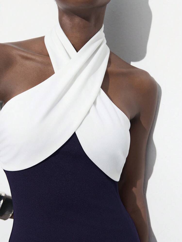 SHEIN Maija Elegant Navy And White Color-Block Twist Design Fitted Summer Dress,Suitable For Dining,Party,Valentine's Day,Holiday Wear,Wedding Guest,Formal Dress