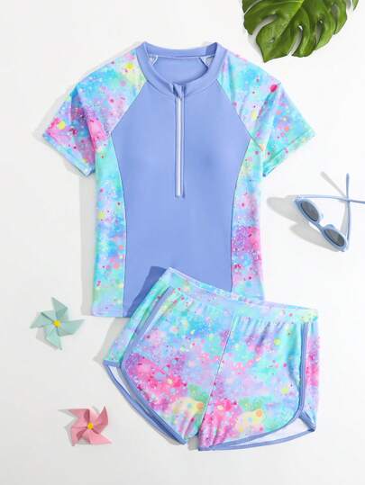 SHEIN 青少年女孩扎染印花比基尼泳装套装，海滩/度假