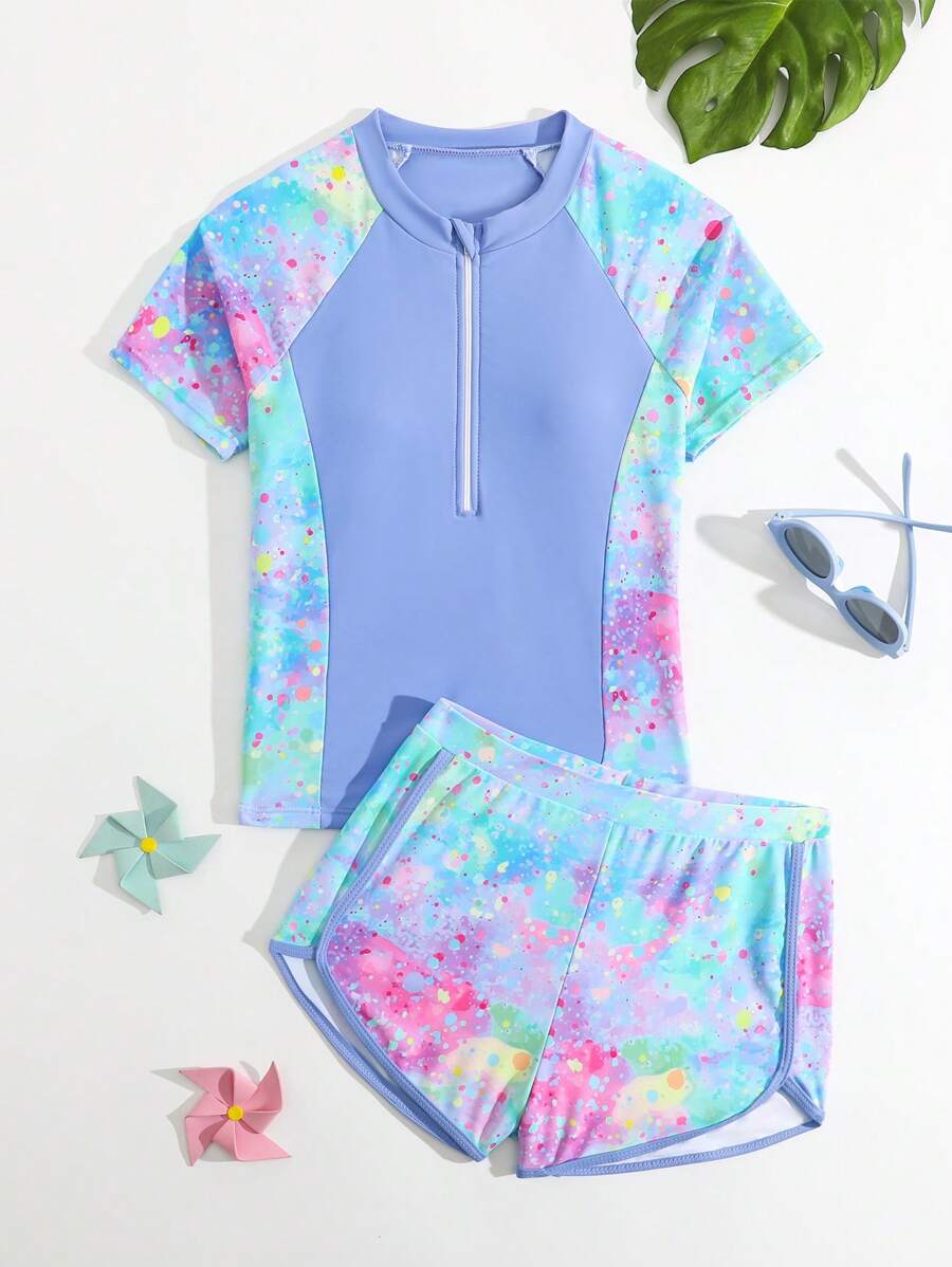 SHEIN 青少年女孩扎染印花比基尼泳装套装,海滩/度假 - 淺藍色 - 查看 1