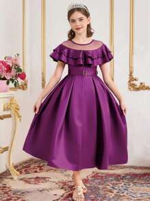 Tween Girls' Elegant Party Tulle Patchwork Ruffle Hem Dress - Purple - View 1