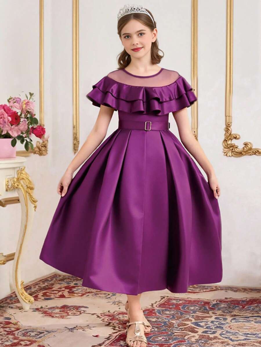 Tween Girls' Elegant Party Tulle Patchwork Ruffle Hem Dress - Purple - View 1