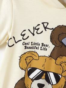 SHEIN 2pcs/Set Young Boy Bear Print Hooded Short Sleeve Shorts Outfit