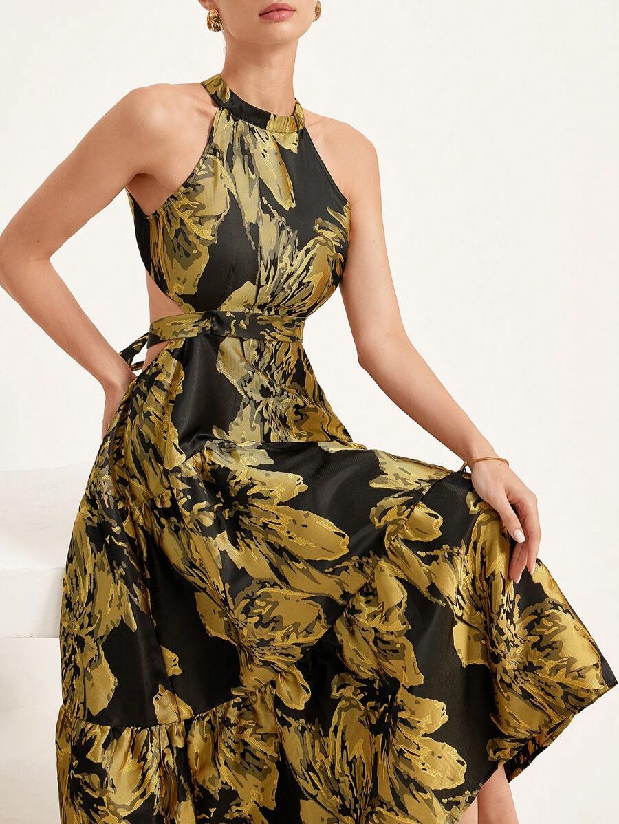 GENKIRA Váy Jacquard hở lưng thanh lịch, không tay, phong cách Boho mùa hè, in họa tiết toàn bộ - Nhiều màu - Xem 1
