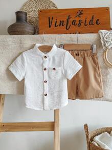 Vintaside Kids Babyboy 婴幼儿男童夏季时尚百搭立领短袖白衬衫搭配休闲简约短裤套装，适合度假、旅行、聚会和派对 - 白色 - 查看 4