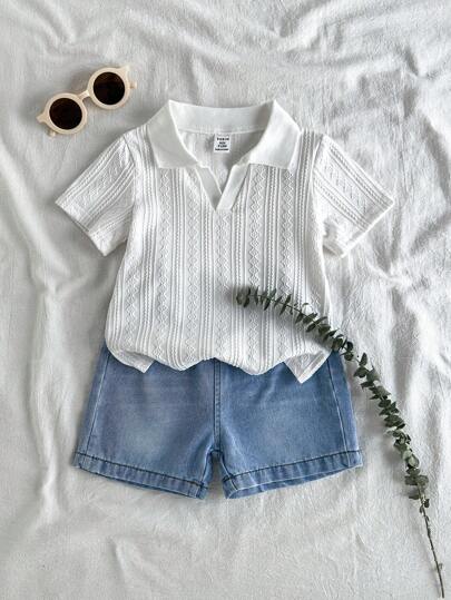 SHEIN Vintaside Kids Babyboy Infant/Toddler Boy Summer Versatile Casual Collar Short Sleeve Minimalist Top Paired With Fashionable Washed Denim Shorts Set, Suitable For Daily Wear, Family Camping, Dining Or Shopping