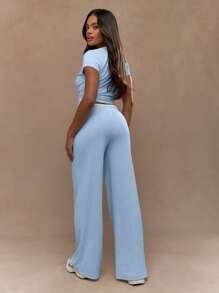 MISSGUIDED Conjunto de ropa de estar en casa cómoda de punto acanalado con top corto y pantalones de pierna ancha a juego, ropa deportiva casual, cálida y cómoda para el invierno y la primavera, conjunto de dos piezas - Celeste - Ver 2