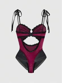 ROMWE Dark Gothic Velvet Contrast Lace Hollow Out Slip Lingerie - Burgundy - View 2