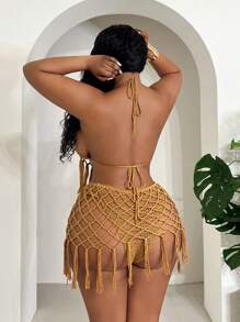 Slaydiva Plus Size Women Casual Fringed Hollow Out Camisole & Hollow Out Fringed Triangle Panty 2pcs Set, Suitable For Beach Vacation In Fall/Winter - Khaki - View 7