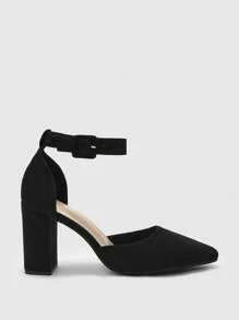 CUCCOO BIZCHIC Women's Fashion Black Suede Material Ankle Strap Buckle Pointed Toe Comfortable Chunky Heel Pumps, Suitable For Commuting, Dating, Gatherings, Festivals, And Party Occasions For Christmas - Black - View 2