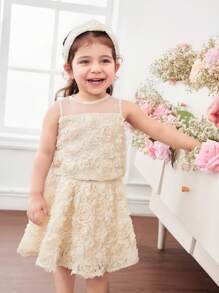 SHEIN 可爱优雅杏色花朵网眼吊带背心和松紧腰裙两件套，适合女婴