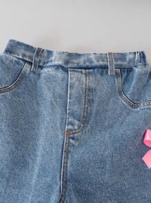 SHEIN 青少年女孩休闲两件套服装 - 蝴蝶结 T 恤和牛仔裤，适合日常穿着和通勤 - 彩色 - 查看 3