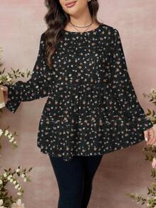 SHEIN LUNE Plus Size Women Floral Print Loose Fit Casual Long Sleeve Top, Black Background - Multicolor - View 6