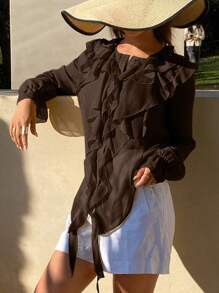 Livesso 波西米亚海滩度假风荷叶边拼接薄纱雪纺夏季开衫衬衫，秋季女装长袖上衣度假 - 棕色 - 查看 2
