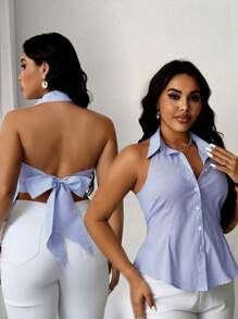 SHEIN Unity 大码女式露背露肩条纹无袖衬衫