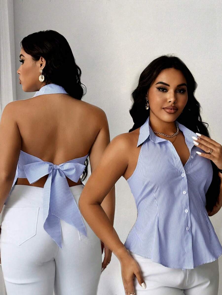 SHEIN Unity 大码女式露背露肩条纹无袖衬衫