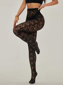 SHEIN PETITE Leggings transparents à taille haute et à dentelle pour femmes