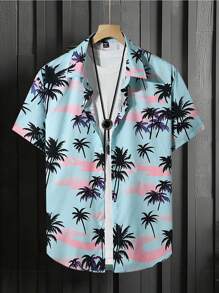 Manfinity RSRT 男士棕榈树印花不对称下摆休闲短袖衬衫
