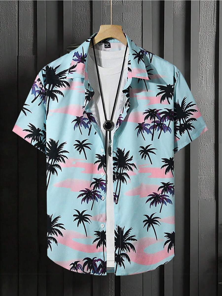 Manfinity RSRT 男士棕榈树印花不对称下摆休闲短袖衬衫