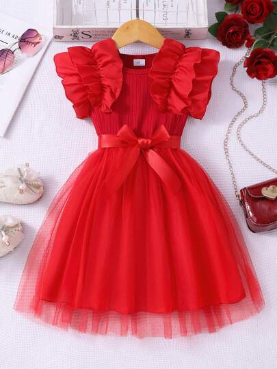 Glamorique Kids Vestido casual de verano para niña con mangas acampanadas con volantes, cuello redondo de punto acanalado y malla, cinturón, estilo princesa