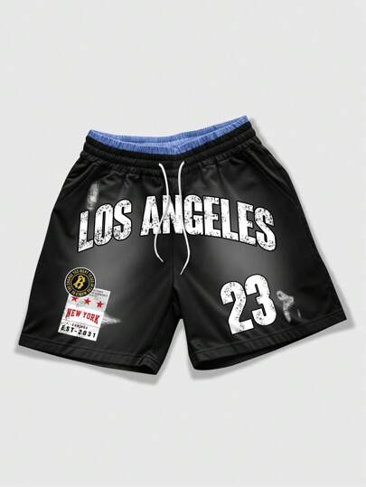 Prep Men's Number Letter Print Front Tie Waist Casual Shorts