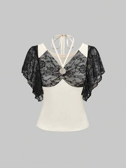 J-Fashion Camiseta de mujer con cuello halter, parches y detalles de encaje, estilo Y2K de Shibuya