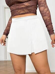 SHEIN EZwear Falda corta de mujer talla grande, color negro sólido minimalista en corte A, informal para uso diario, ropa de invierno para mujer