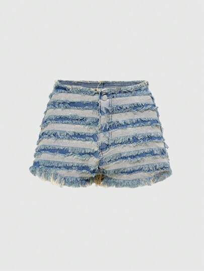 Grunge Punk Sexy Women's Low Rise Vintage Patchwork Distressed Raw Hem Frayed Denim Shorts