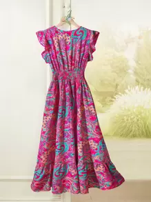 Rusticease 女士休閒印花V領夏季假日連衣裙，帶有飄逸袖口，褶皺腰身和褶皺長度 - 彩色 - 查看 2