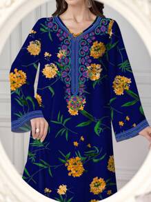 Al Najma Women's Arabic Print V-Neck Long Printed Jalabiya Dress With Long Sleeve, For Festival, Modest Full Length Dresses, Kaftan - Blue - View 5