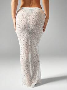 MISSGUIDED Sequin Evening Maxi Skirt Form-Fitting Party Wedding Guest Floor Length Long Sparkle Formal Special Occasion Holiday Winter Skirt - White - View 2