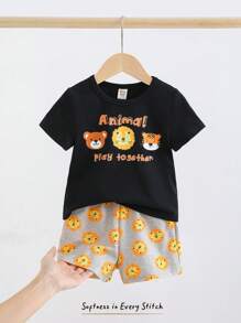 Cozy Pixies Baby Boy Cartoon Animal Pattern Knitted Soft Crew Neck Short Sleeve Top And Elastic Waist Shorts 2pcs Set