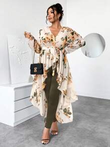 Elenzga 大码女式优雅编织黑色花卉雪纺长袖 V 领不对称下摆毛衣和修身裤 2 件套 - 彩色 - 查看 5