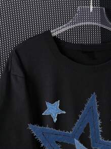 Teen Girls Slogan Star Print Loose Fit Round Neck Short Sleeve T-Shirt - Black - View 3