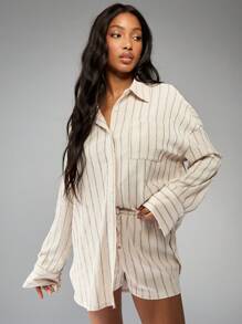 MISSGUIDED 条纹纽扣衬衫和短裤套装家居服休闲夏季海滩度假两件套长袖套装 - 杏色 - 查看 1