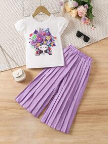 SHEIN 2 Stücke/Set, Cartoon-Muster Rundhals Kurzarm Top und weit geschnittene Plissee-Hose für Kleine Mädchen, lässiger Outfit