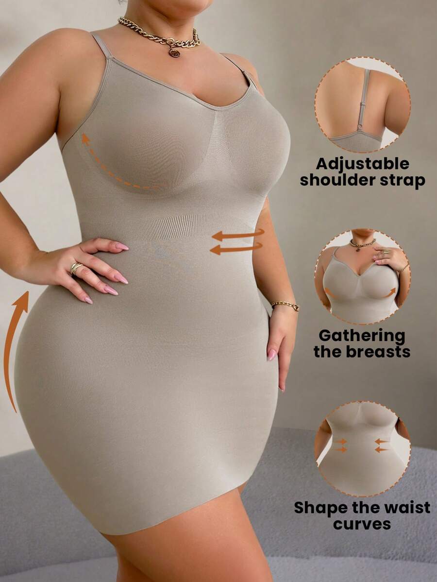 1pc Plus Size Solid Color Camisole Seamless Shaping Slip Dress - Mocha Brown - View 1